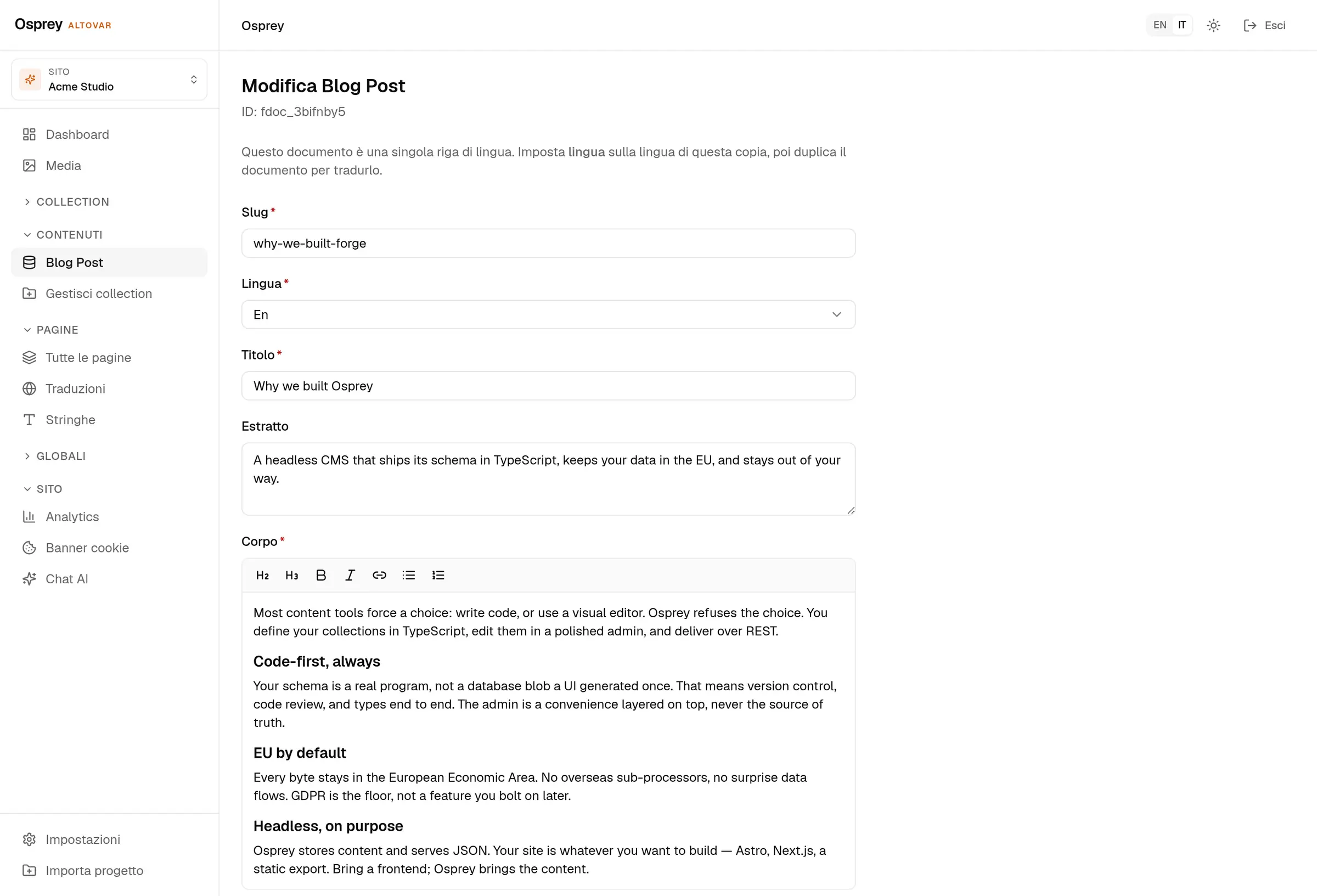 L'editor di un articolo del blog: slug, lingua, titolo, estratto e corpo in rich text con barra di formattazione, generati dallo schema della collection.