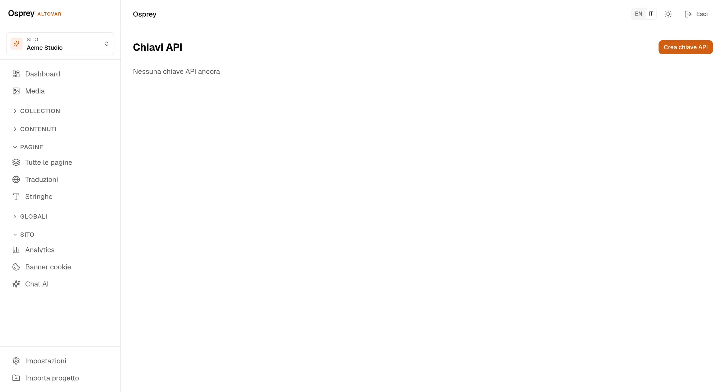 Le impostazioni delle chiavi API: una chiave chiamata Default, l'anteprima ridotta alle ultime quattro cifre, il flag di sola lettura e la data di creazione.