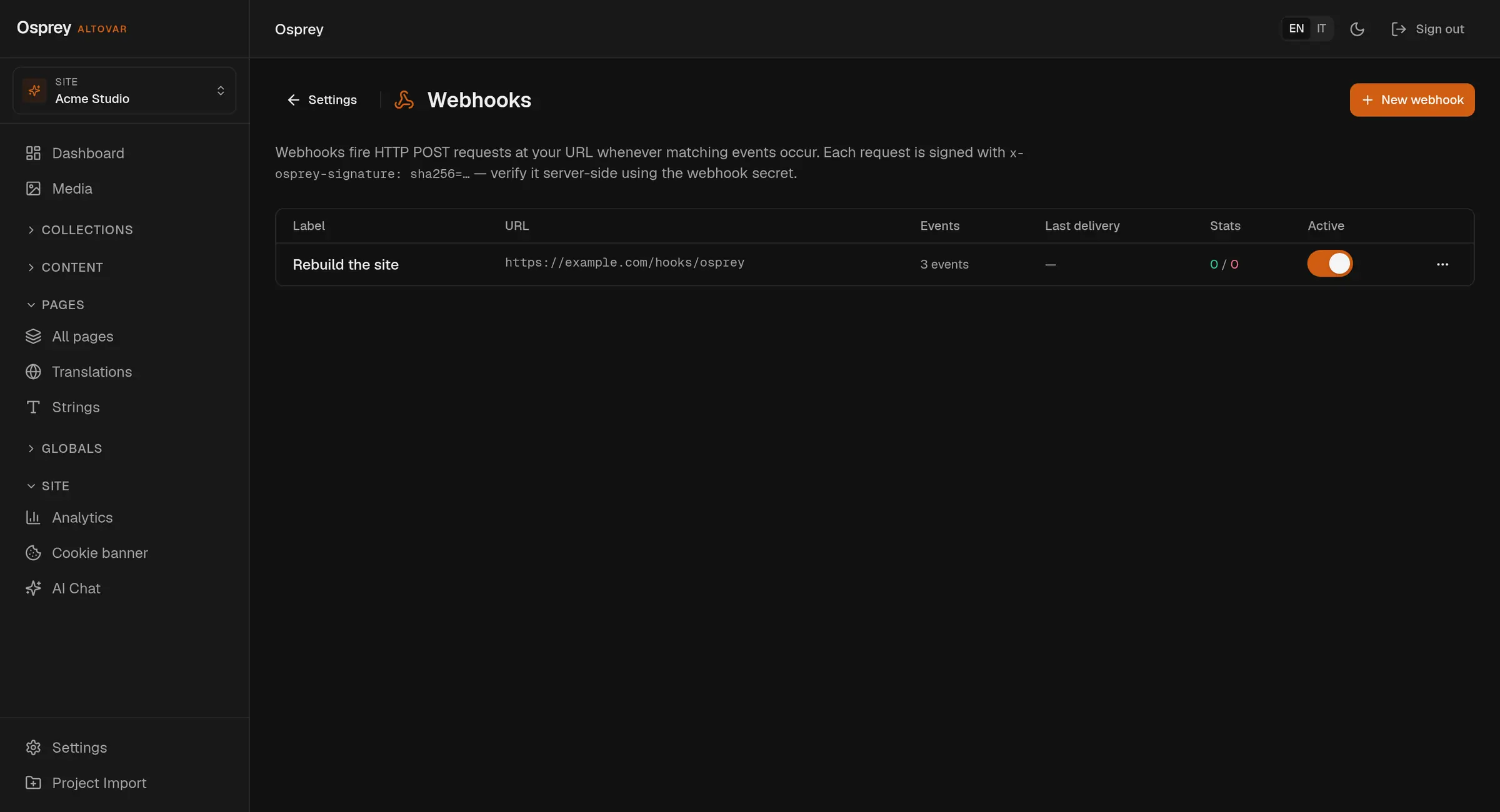 Ustawienia webhooków: jeden endpoint o nazwie Rebuild the site, aktywny, zapisany na zdarzenia publikacji dokumentów i stron.