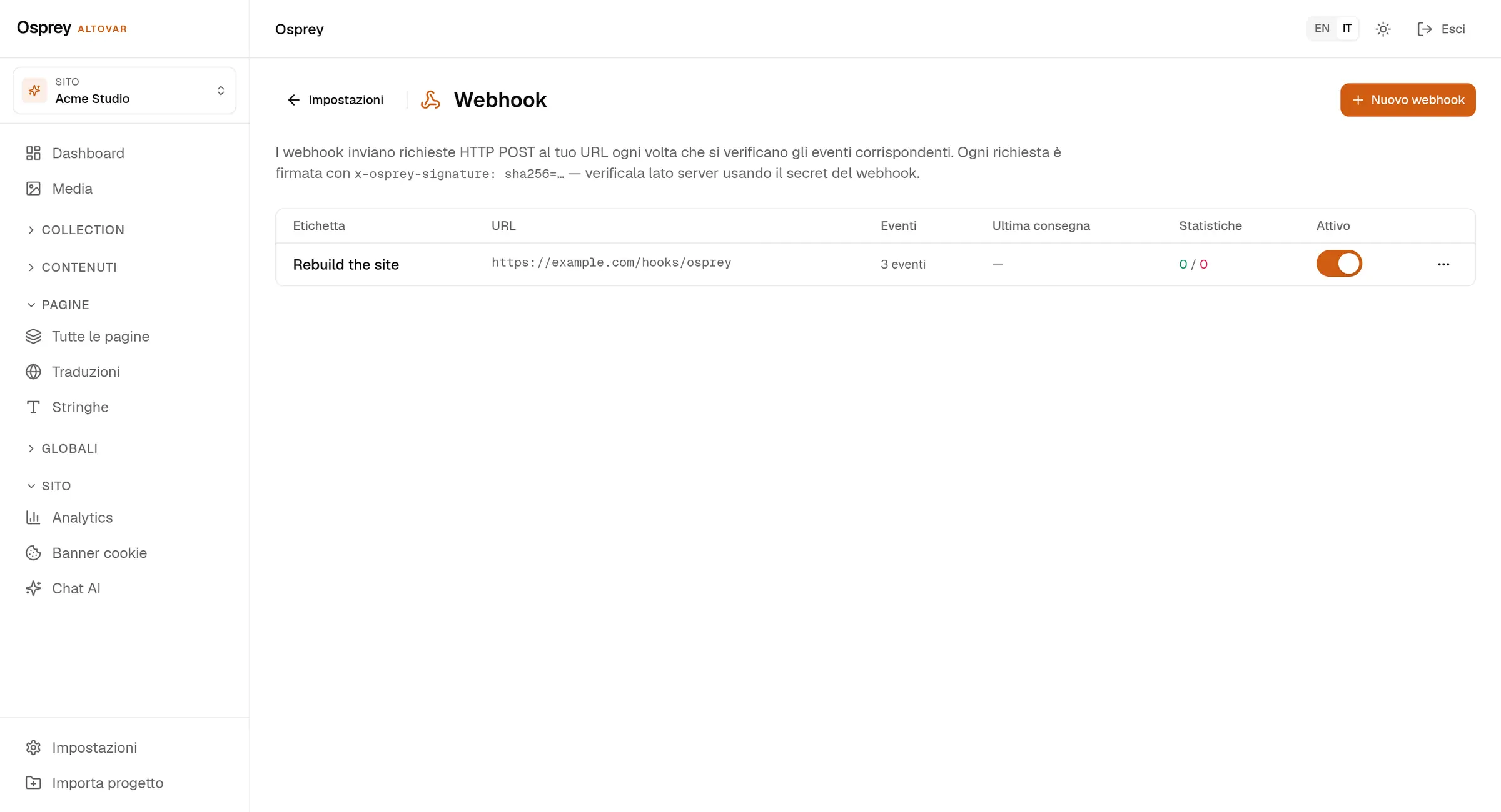 Le impostazioni dei webhook: un endpoint chiamato Rebuild the site, attivo, iscritto agli eventi di pubblicazione di documenti e pagine.